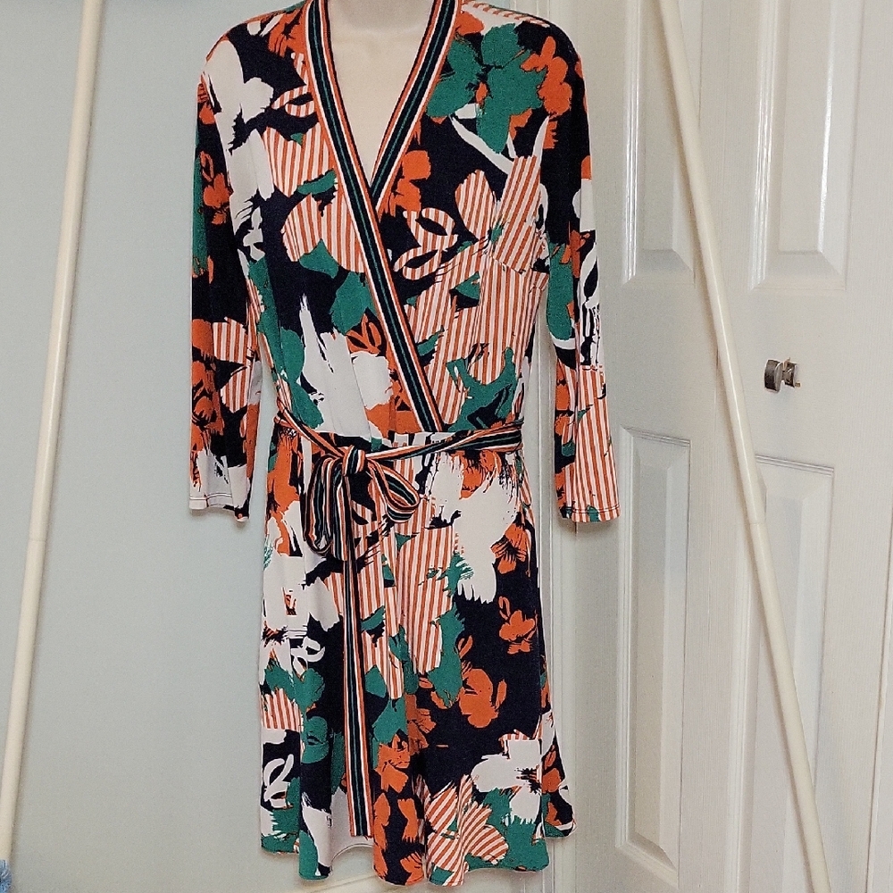 Eci Abstract Floral Faux Wrap Dress  In Green and Orange Waist Belted Sz Medium